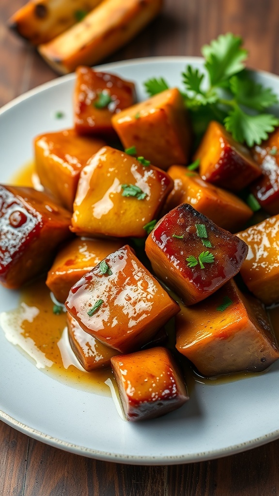 Juicy garlic butter steak bites garnished with parsley on a plate, served with roasted vegetables.